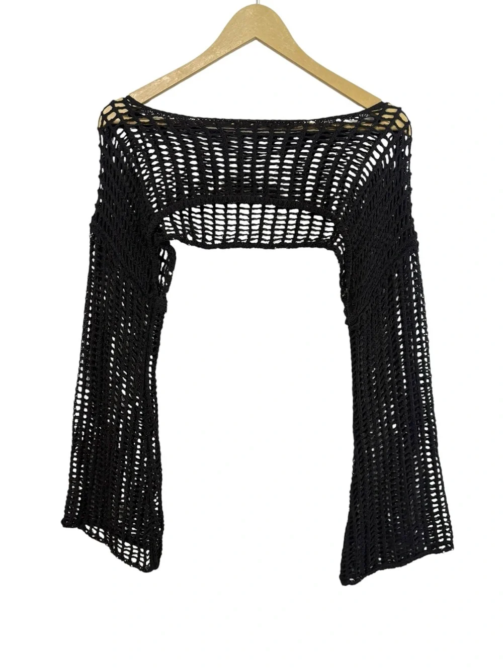 Black Crochet Open Knit Bell‎ Sleeve Beach Cover Up Crop Top Whimsigoth Fairy